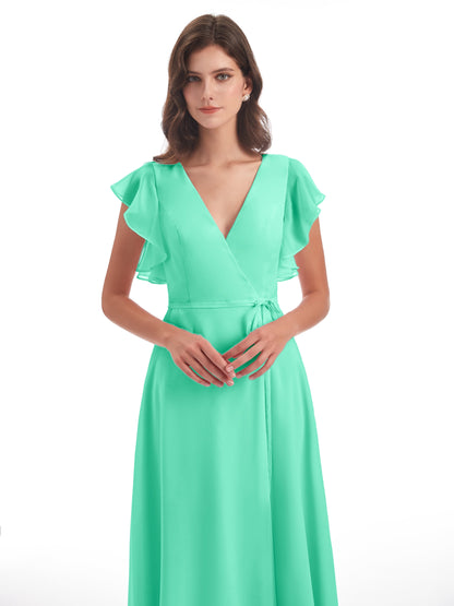 Stella Sheath Floor Length V-Neck Chiffon Bridesmaid Dresses