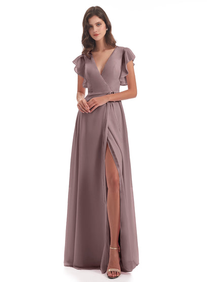 Stella Sheath Floor Length V-Neck Chiffon Bridesmaid Dresses