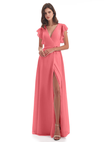 Stella Sheath Floor Length V-Neck Chiffon Bridesmaid Dresses