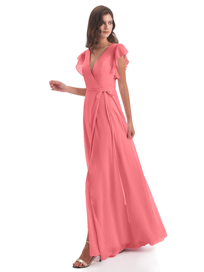 Stella Sheath Floor Length V-Neck Chiffon Bridesmaid Dresses