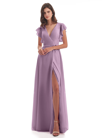 Stella Sheath Floor Length V-Neck Chiffon Bridesmaid Dresses