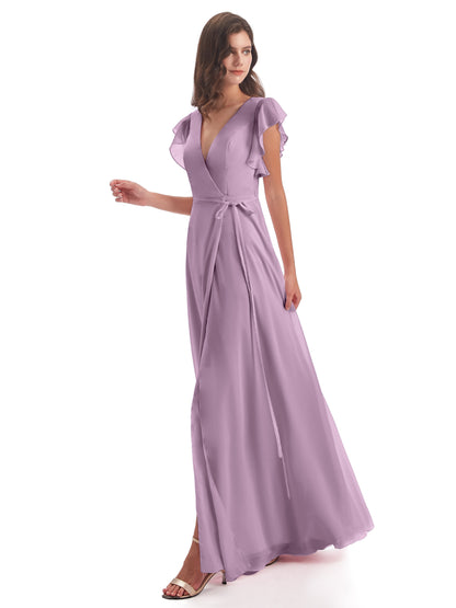 Stella Sheath Floor Length V-Neck Chiffon Bridesmaid Dresses