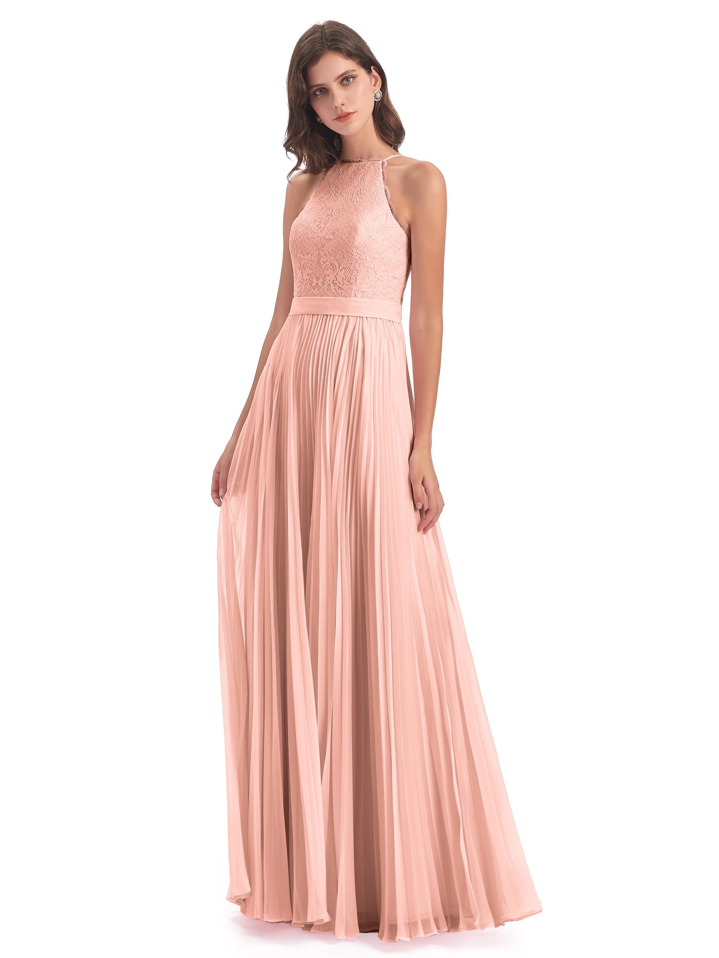 Susan Floor Length Halter Lace Bridesmaid Dresses