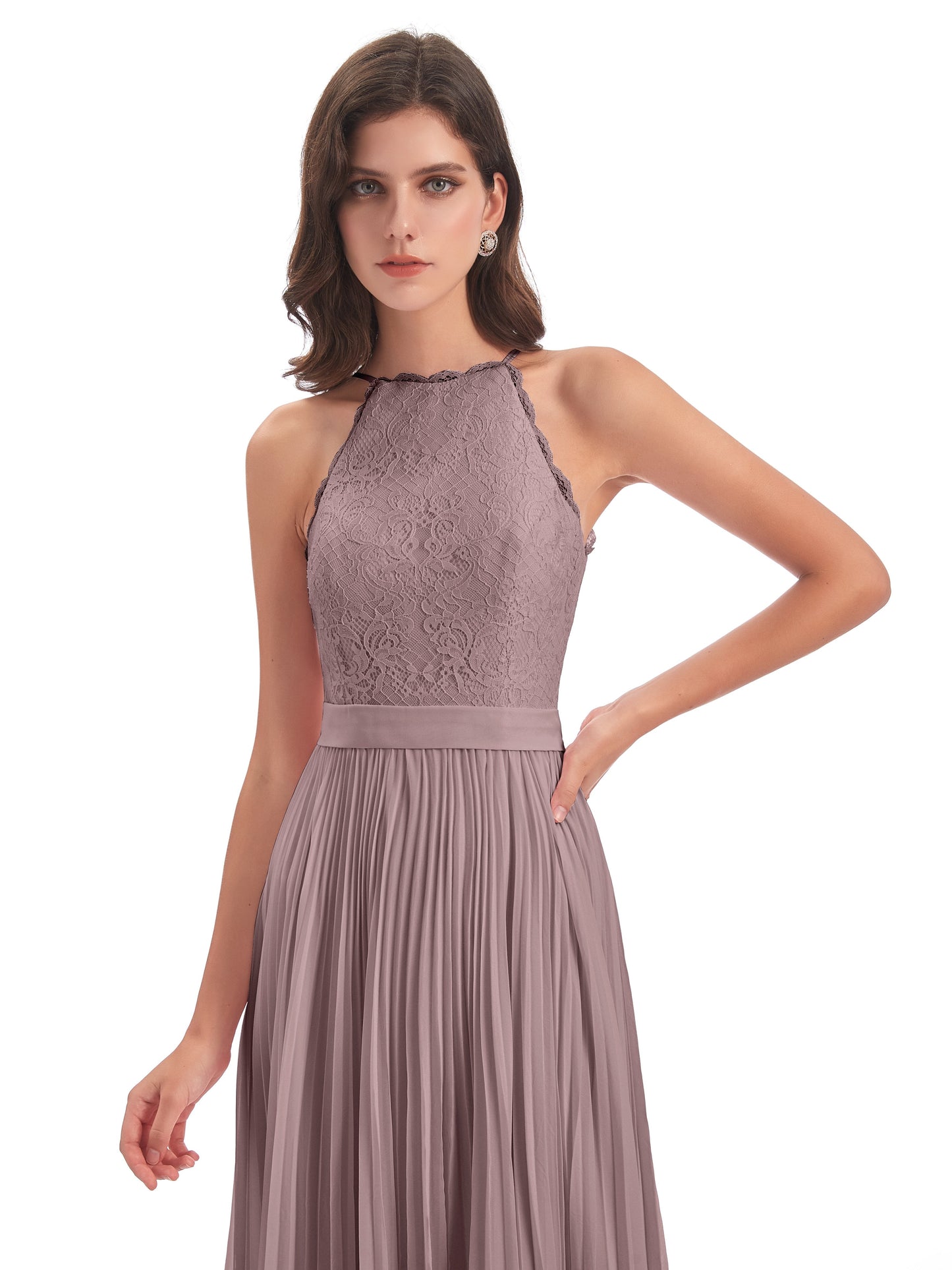 Susan Floor Length Halter Lace Bridesmaid Dresses