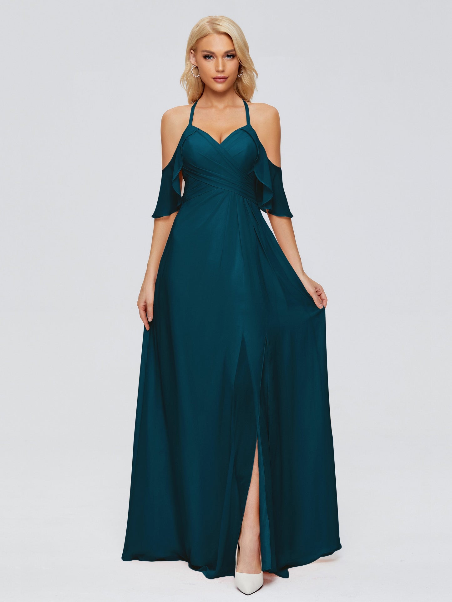 Taylor Off The Shoulder Split Chiffon Bridesmaid Dresses