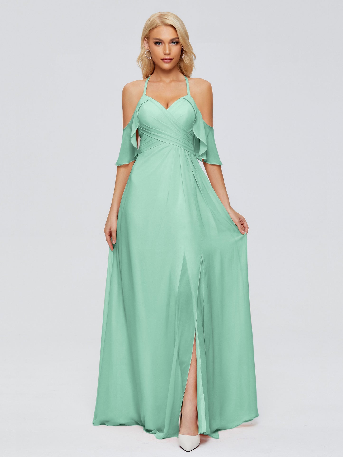 Taylor Off The Shoulder Split Chiffon Bridesmaid Dresses