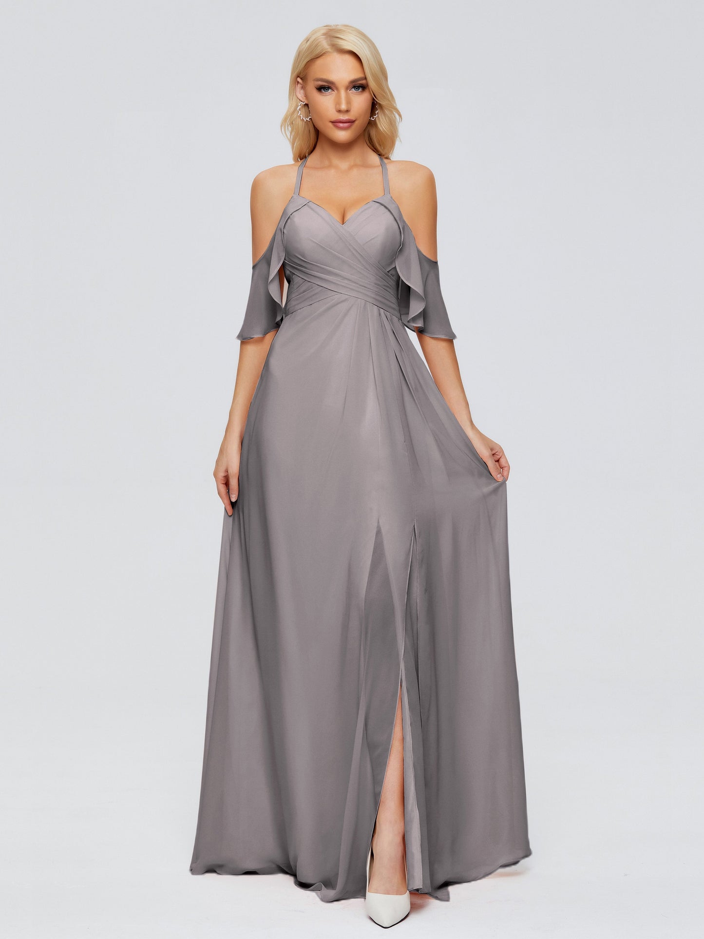 Taylor Off The Shoulder Split Chiffon Bridesmaid Dresses