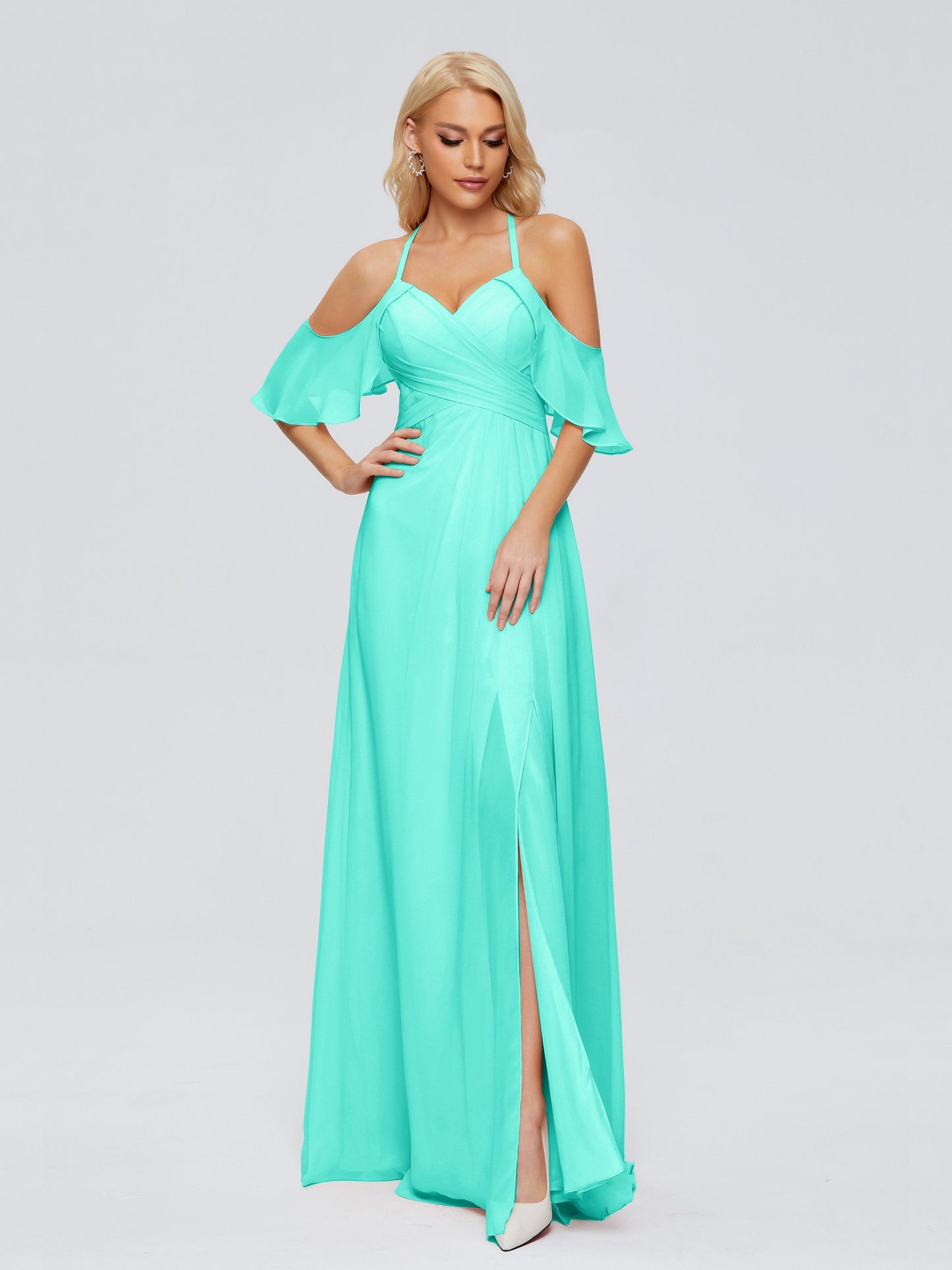 Taylor Off The Shoulder Split Chiffon Bridesmaid Dresses