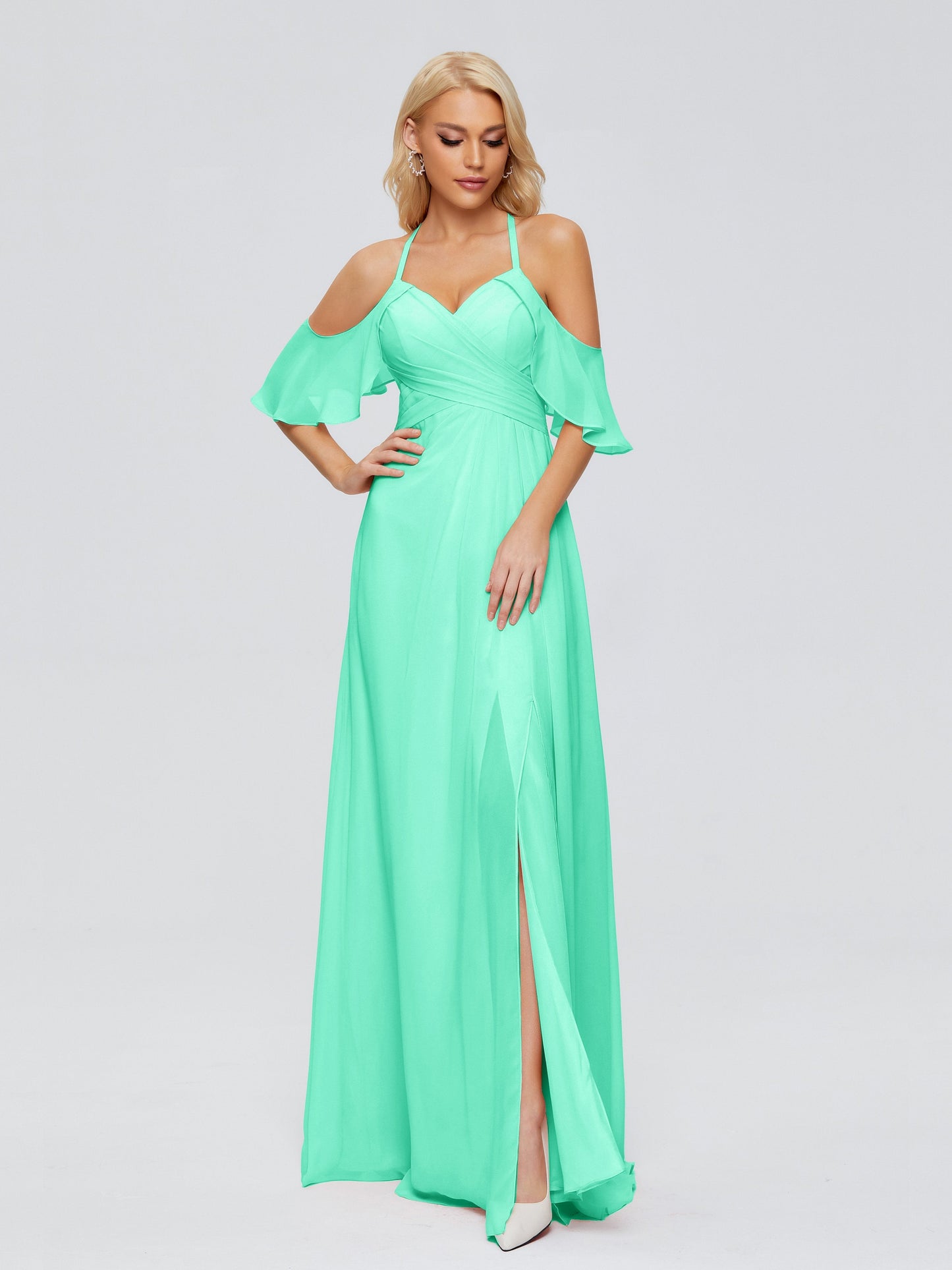 Taylor Off The Shoulder Split Chiffon Bridesmaid Dresses