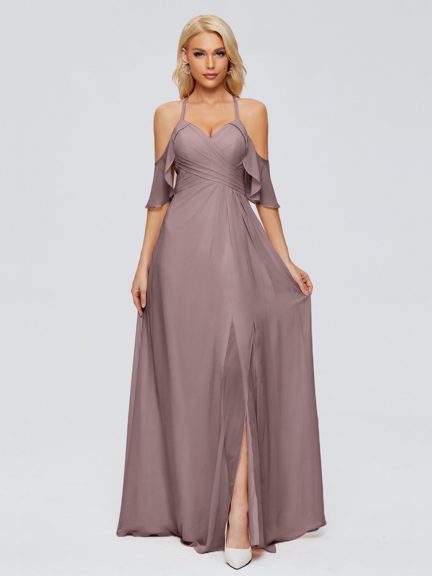 Taylor Off The Shoulder Split Chiffon Bridesmaid Dresses