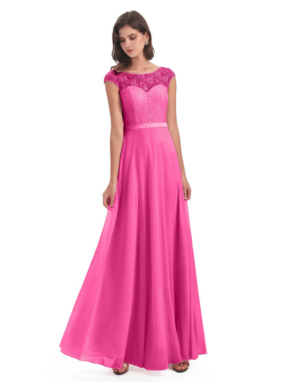 Treasure Cap Sleeves Lace Long Bridesmaid Dresses