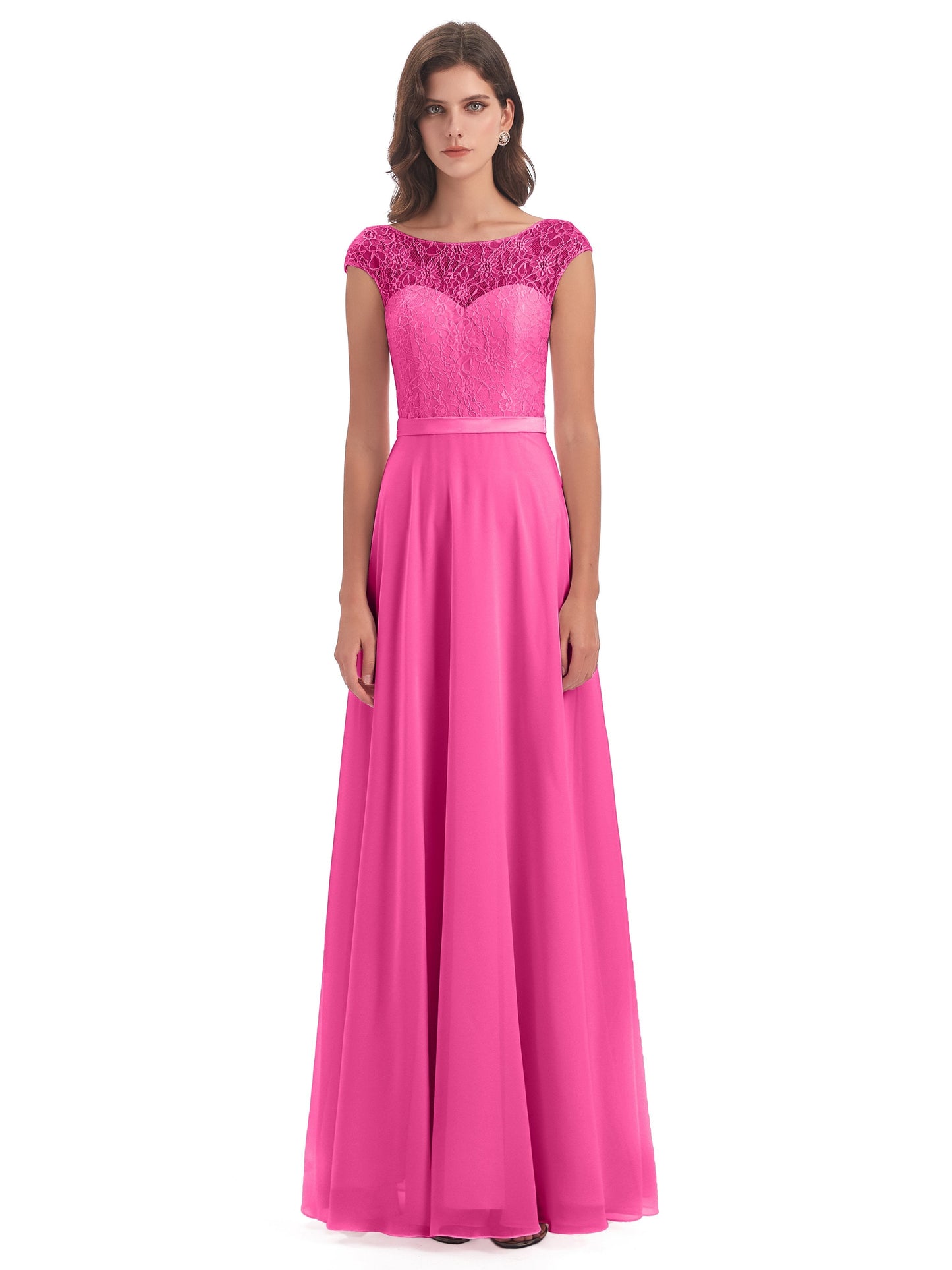Treasure Cap Sleeves Lace Long Bridesmaid Dresses