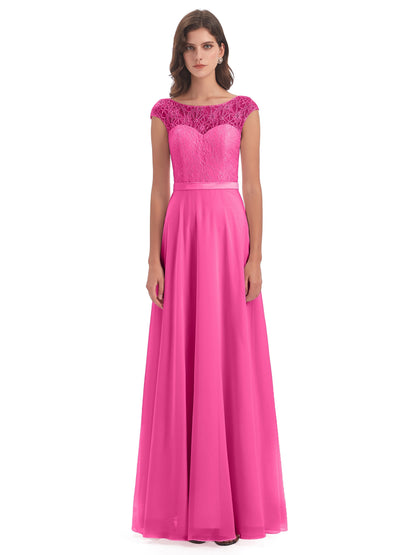Treasure Cap Sleeves Lace Long Bridesmaid Dresses