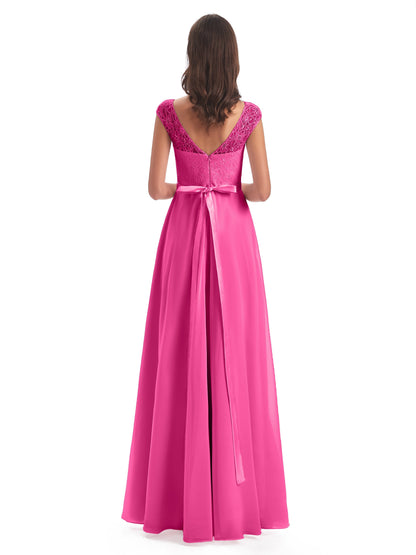 Treasure Cap Sleeves Lace Long Bridesmaid Dresses