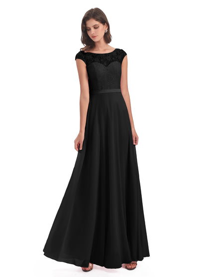 Treasure Cap Sleeves Lace Long Bridesmaid Dresses