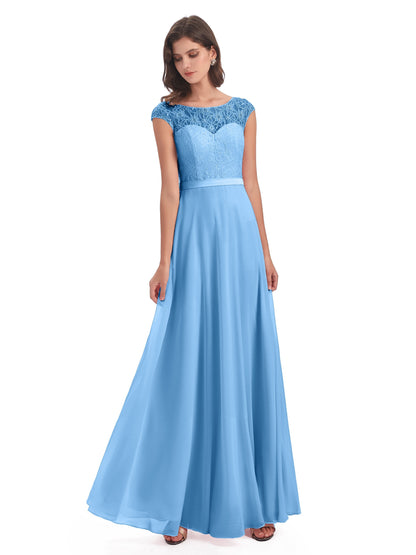Treasure Cap Sleeves Lace Long Bridesmaid Dresses