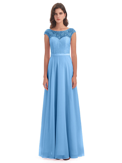 Treasure Cap Sleeves Lace Long Bridesmaid Dresses