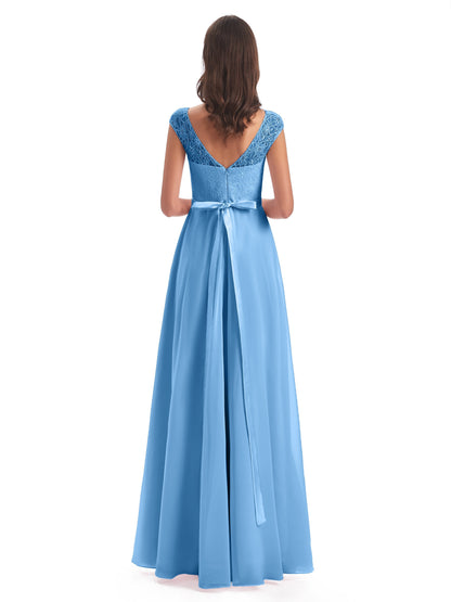 Treasure Cap Sleeves Lace Long Bridesmaid Dresses