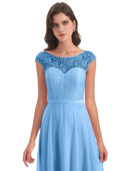 Treasure Cap Sleeves Lace Long Bridesmaid Dresses