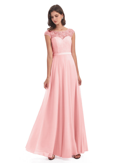 Treasure Cap Sleeves Lace Long Bridesmaid Dresses