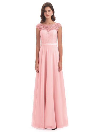 Treasure Cap Sleeves Lace Long Bridesmaid Dresses