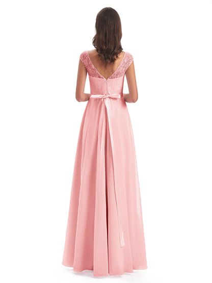 Treasure Cap Sleeves Lace Long Bridesmaid Dresses