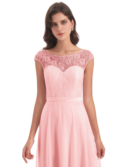 Treasure Cap Sleeves Lace Long Bridesmaid Dresses
