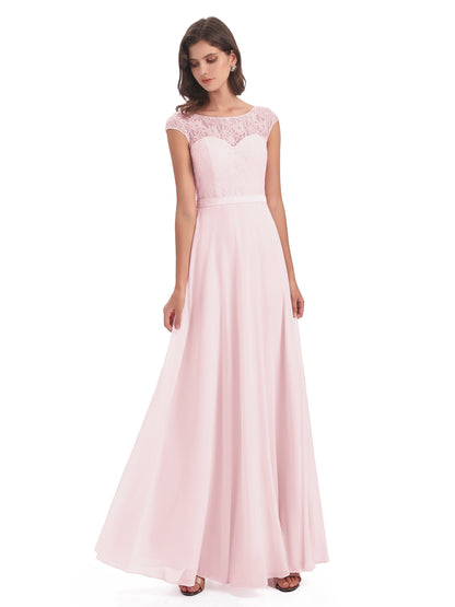 Treasure Cap Sleeves Lace Long Bridesmaid Dresses