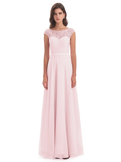 Treasure Cap Sleeves Lace Long Bridesmaid Dresses