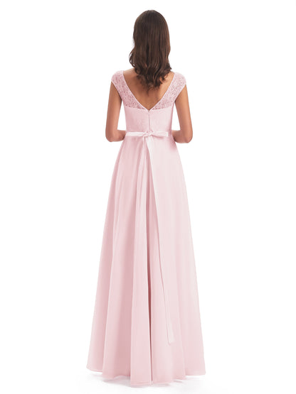 Treasure Cap Sleeves Lace Long Bridesmaid Dresses