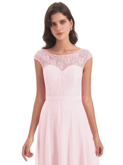 Treasure Cap Sleeves Lace Long Bridesmaid Dresses