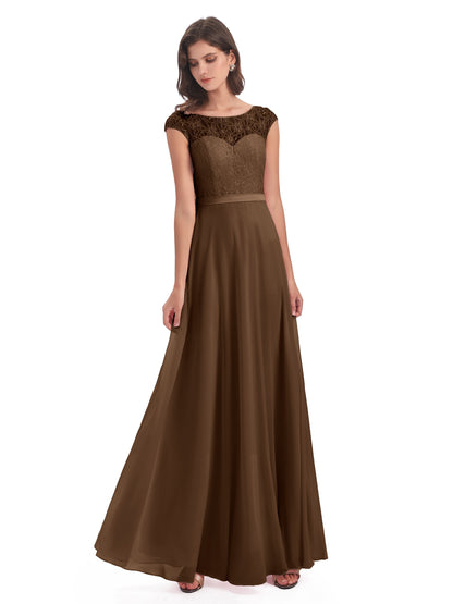 Treasure Cap Sleeves Lace Long Bridesmaid Dresses