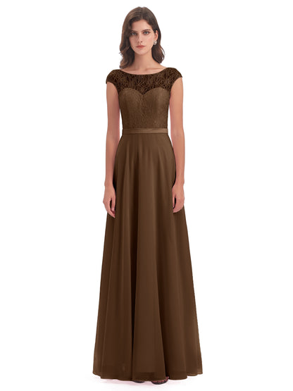 Treasure Cap Sleeves Lace Long Bridesmaid Dresses