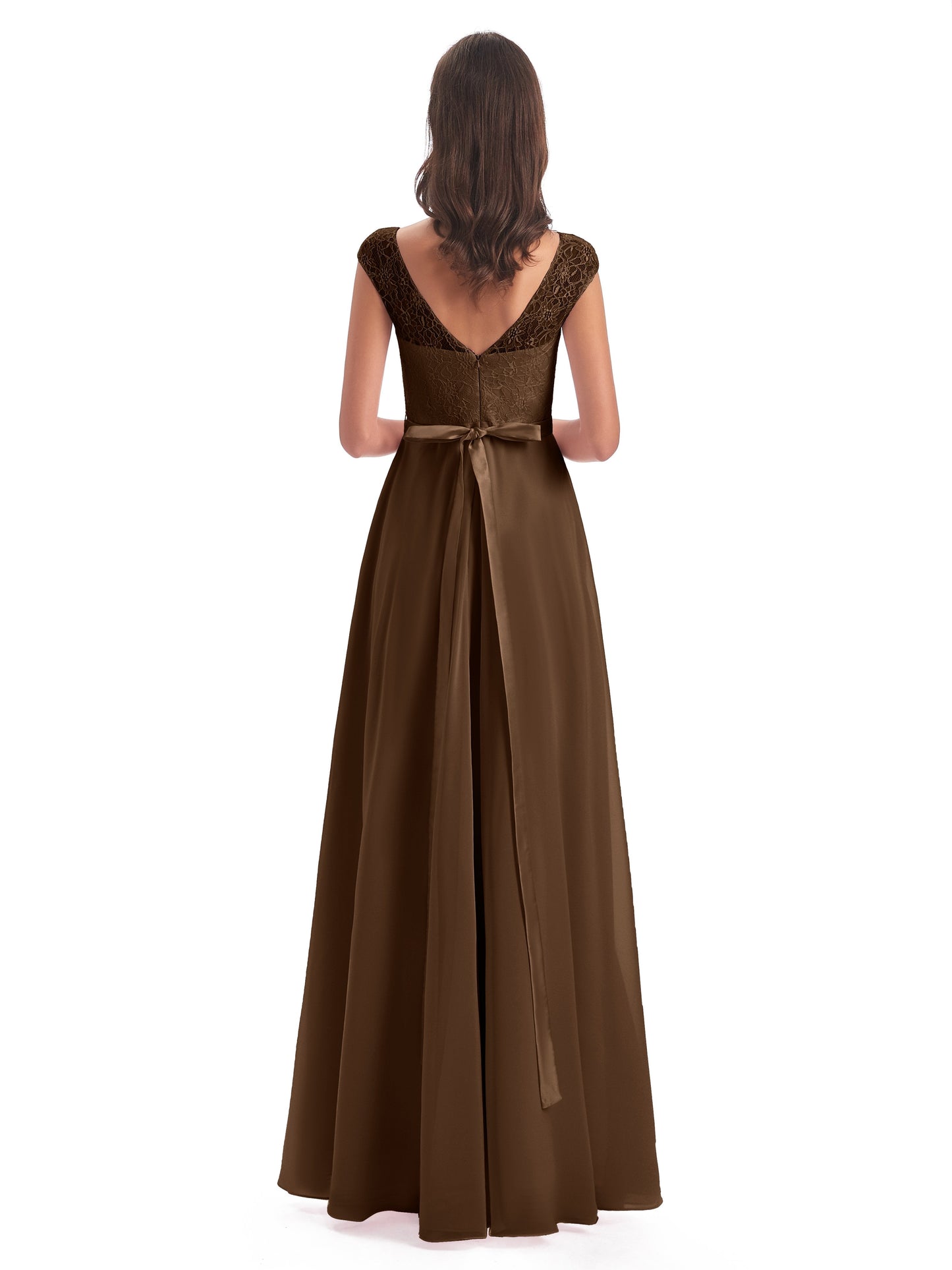 Treasure Cap Sleeves Lace Long Bridesmaid Dresses