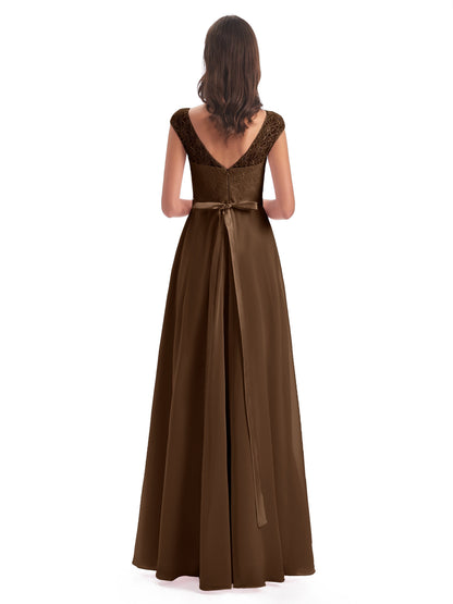 Treasure Cap Sleeves Lace Long Bridesmaid Dresses