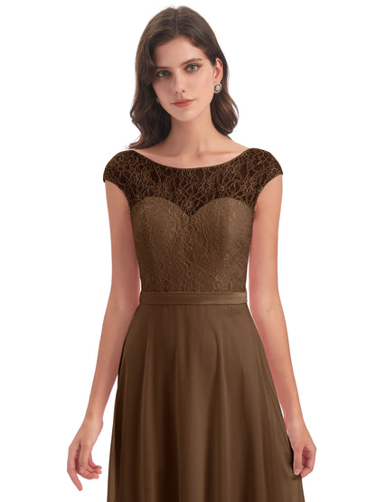 Treasure Cap Sleeves Lace Long Bridesmaid Dresses