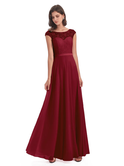 Treasure Cap Sleeves Lace Long Bridesmaid Dresses