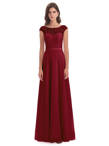 Treasure Cap Sleeves Lace Long Bridesmaid Dresses