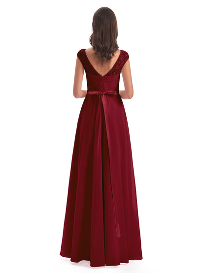 Treasure Cap Sleeves Lace Long Bridesmaid Dresses