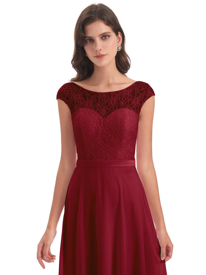 Treasure Cap Sleeves Lace Long Bridesmaid Dresses