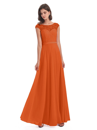 Treasure Cap Sleeves Lace Long Bridesmaid Dresses