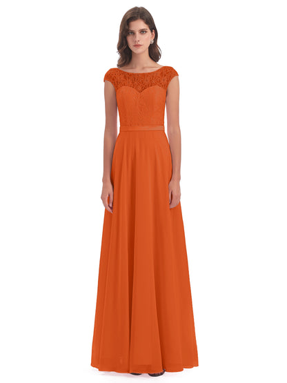 Treasure Cap Sleeves Lace Long Bridesmaid Dresses