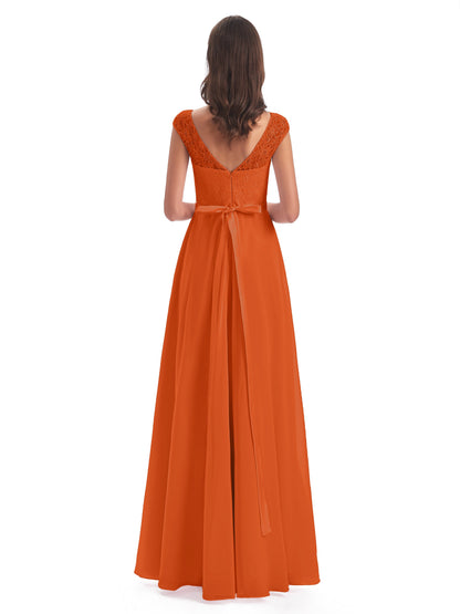 Treasure Cap Sleeves Lace Long Bridesmaid Dresses