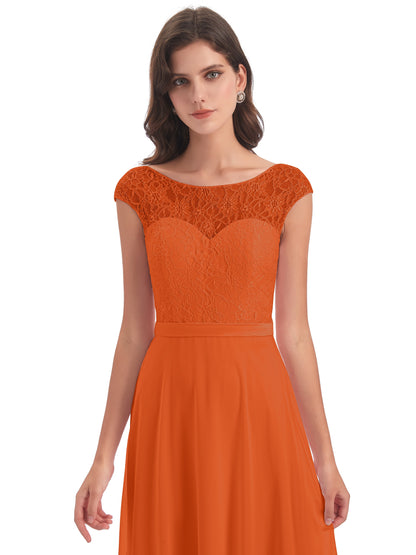 Treasure Cap Sleeves Lace Long Bridesmaid Dresses