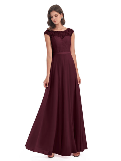 Treasure Cap Sleeves Lace Long Bridesmaid Dresses