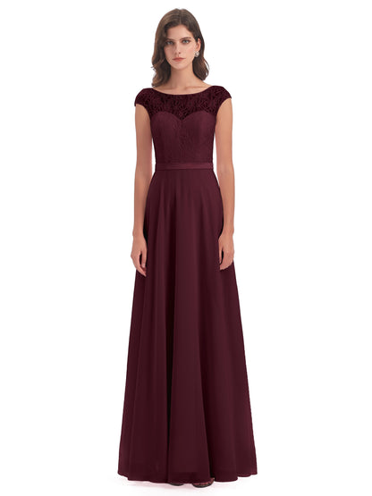 Treasure Cap Sleeves Lace Long Bridesmaid Dresses
