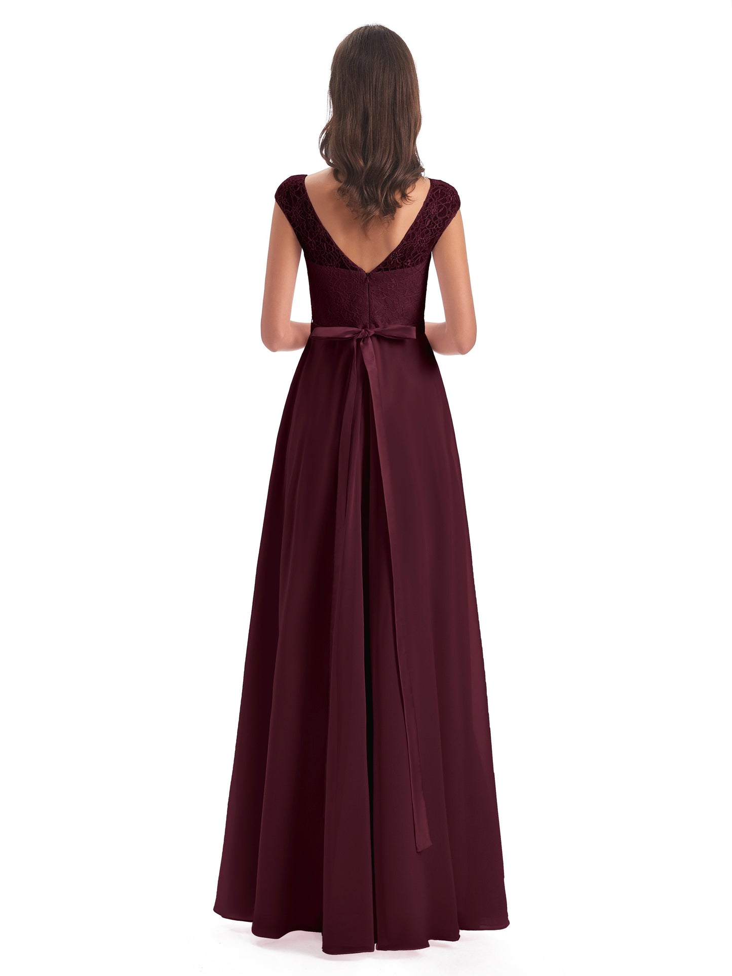Treasure Cap Sleeves Lace Long Bridesmaid Dresses