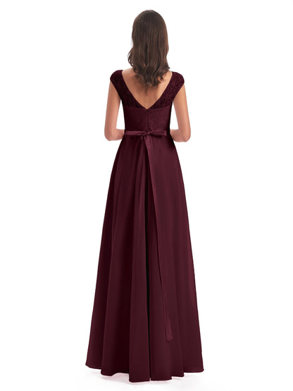Treasure Cap Sleeves Lace Long Bridesmaid Dresses