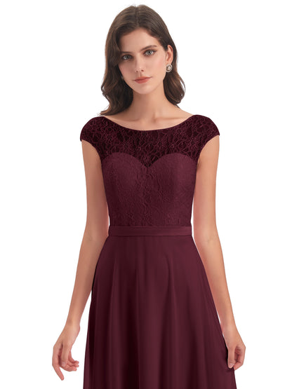 Treasure Cap Sleeves Lace Long Bridesmaid Dresses
