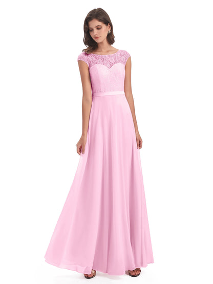 Treasure Cap Sleeves Lace Long Bridesmaid Dresses